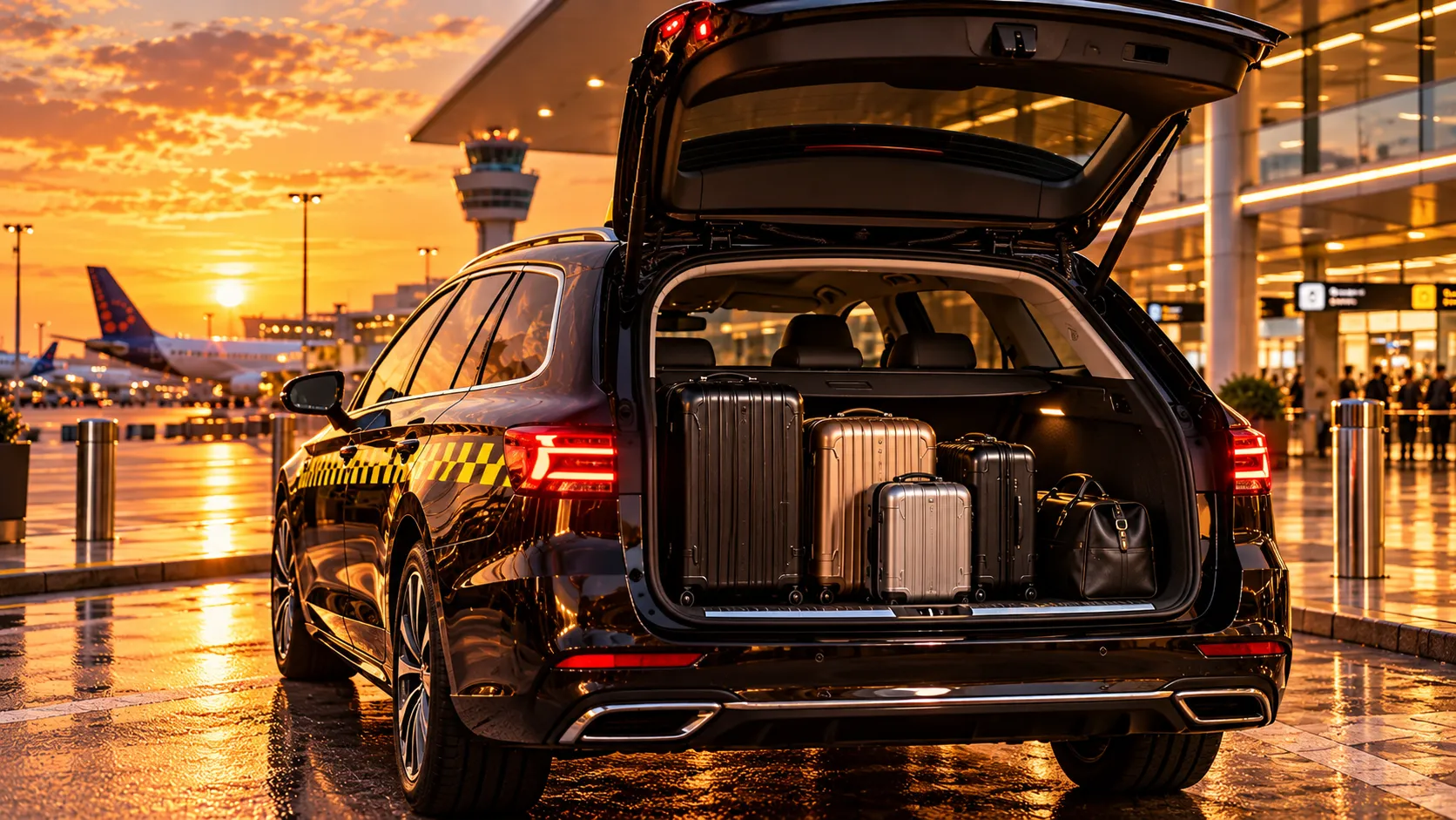 Airport taxi with suitcases in the boot at Brussels Airport