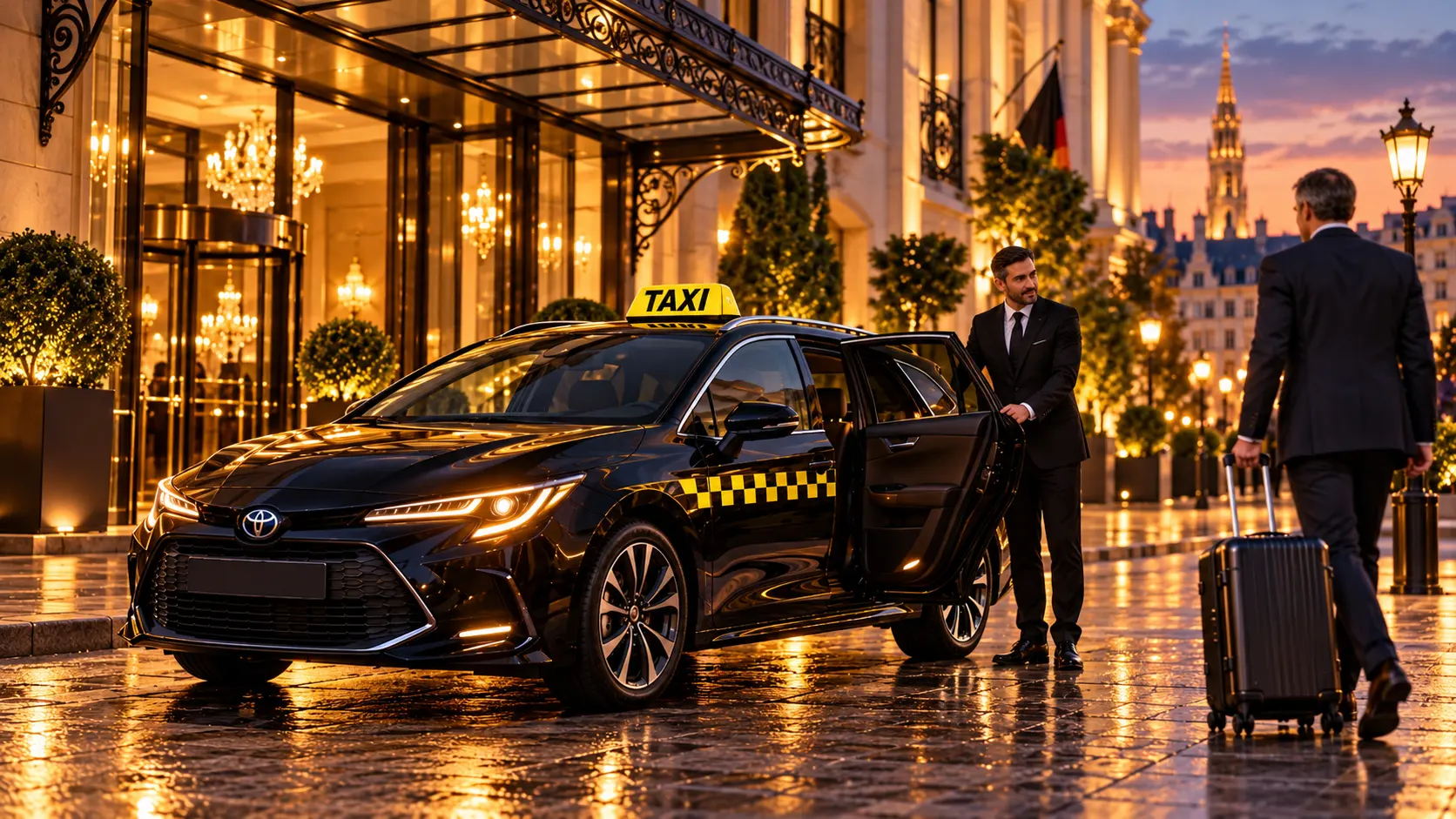 Licensed Brussels taxi at a hotel, chauffeur opening the door for a passenger