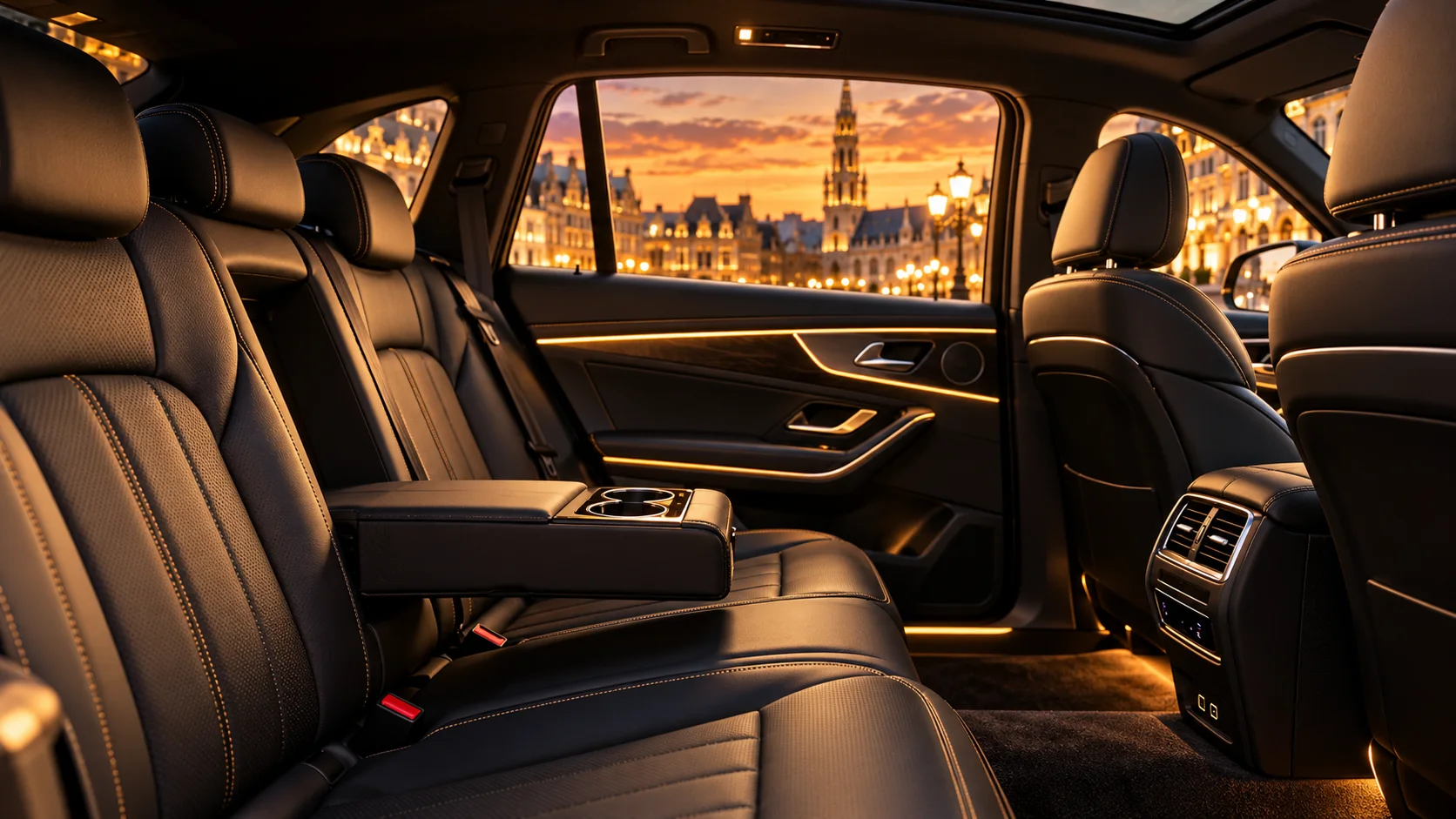 Comfortable leather interior of a Brussels taxi