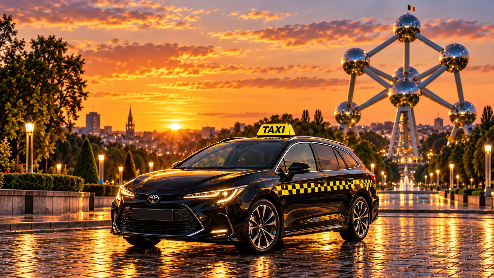 Brussels taxi at sunset in front of the Atomium
