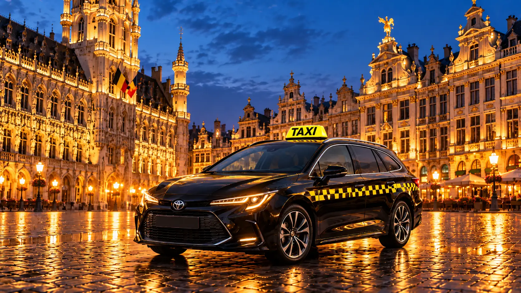 Taxi on the Grand-Place in Brussels at night